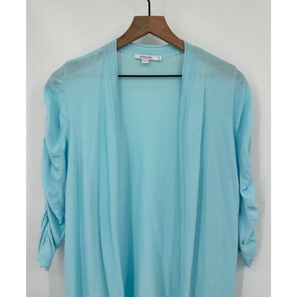 Chicos Rushed Sleeve Cardigan Women 0 Small Beach Aqua Sweater Sheer NWT - Picture 2 of 9